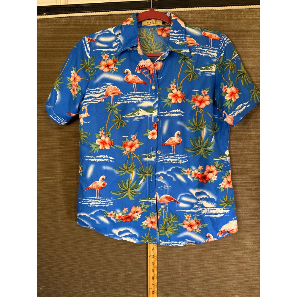 SSLR blue Flamingo Hibiscus Tropical Hawaiian Button Up Shirt